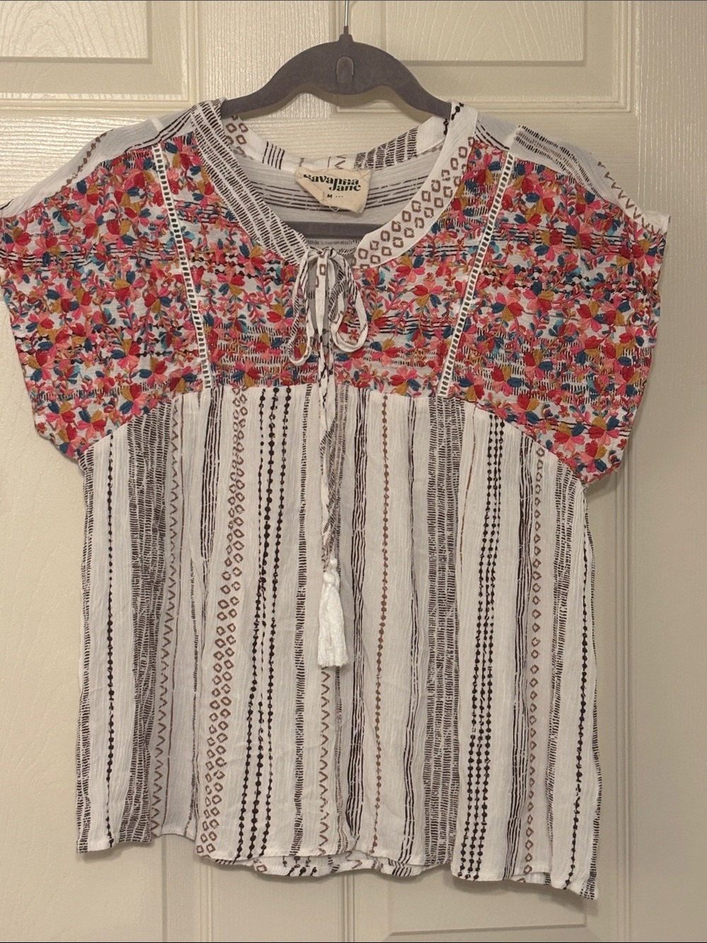 Savanna Jane White Tunic with Red Floral Yoke and Multicolor Embroidery